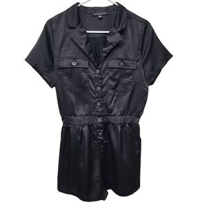Haute Monde Black Satin‎ Button-Up Shorts Romper Size Medium